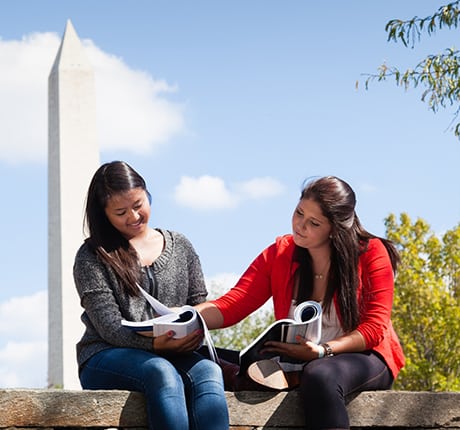 Students study in front of the Washington Monument